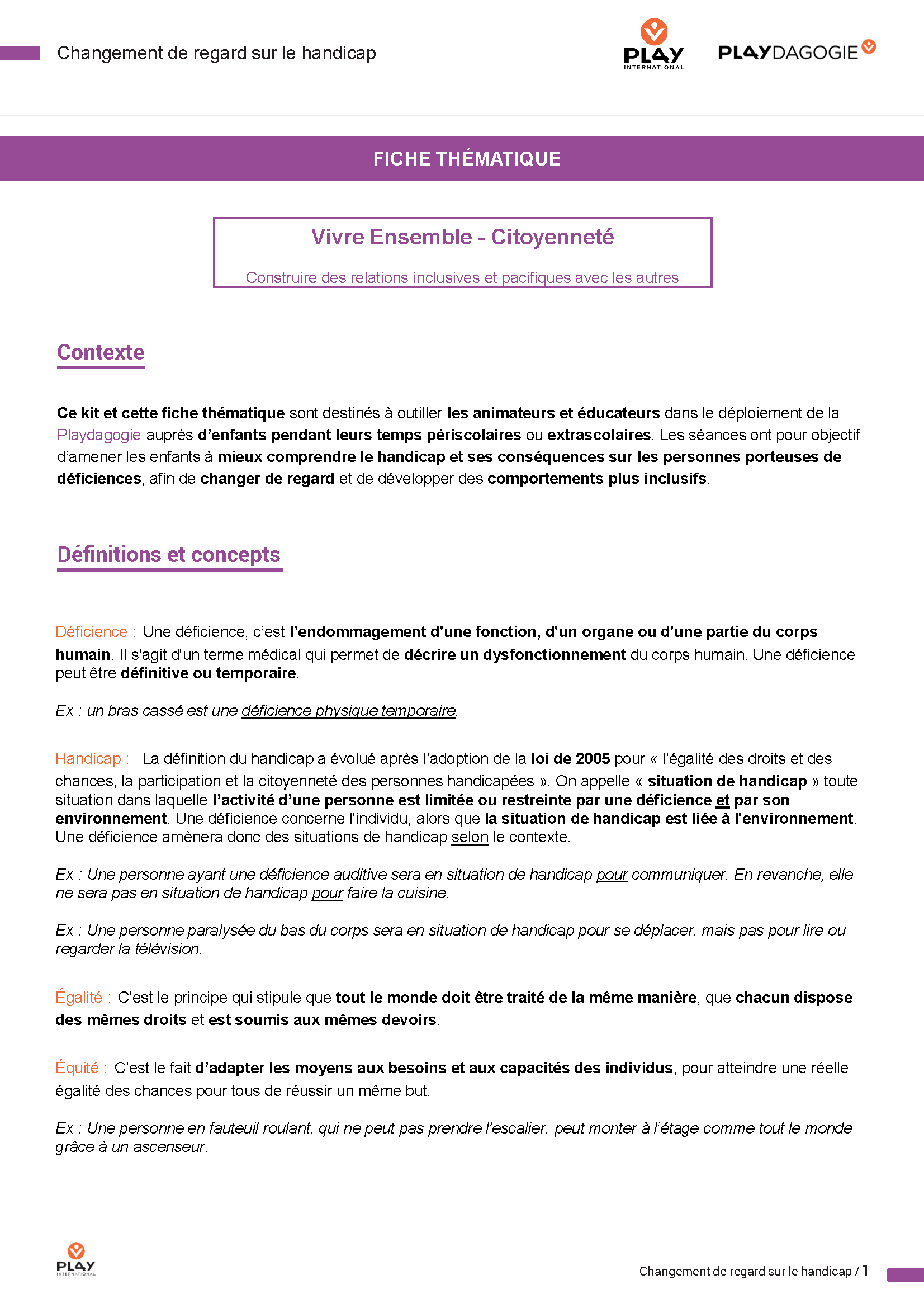 Fiche thématique changement de regard sur le handicap France